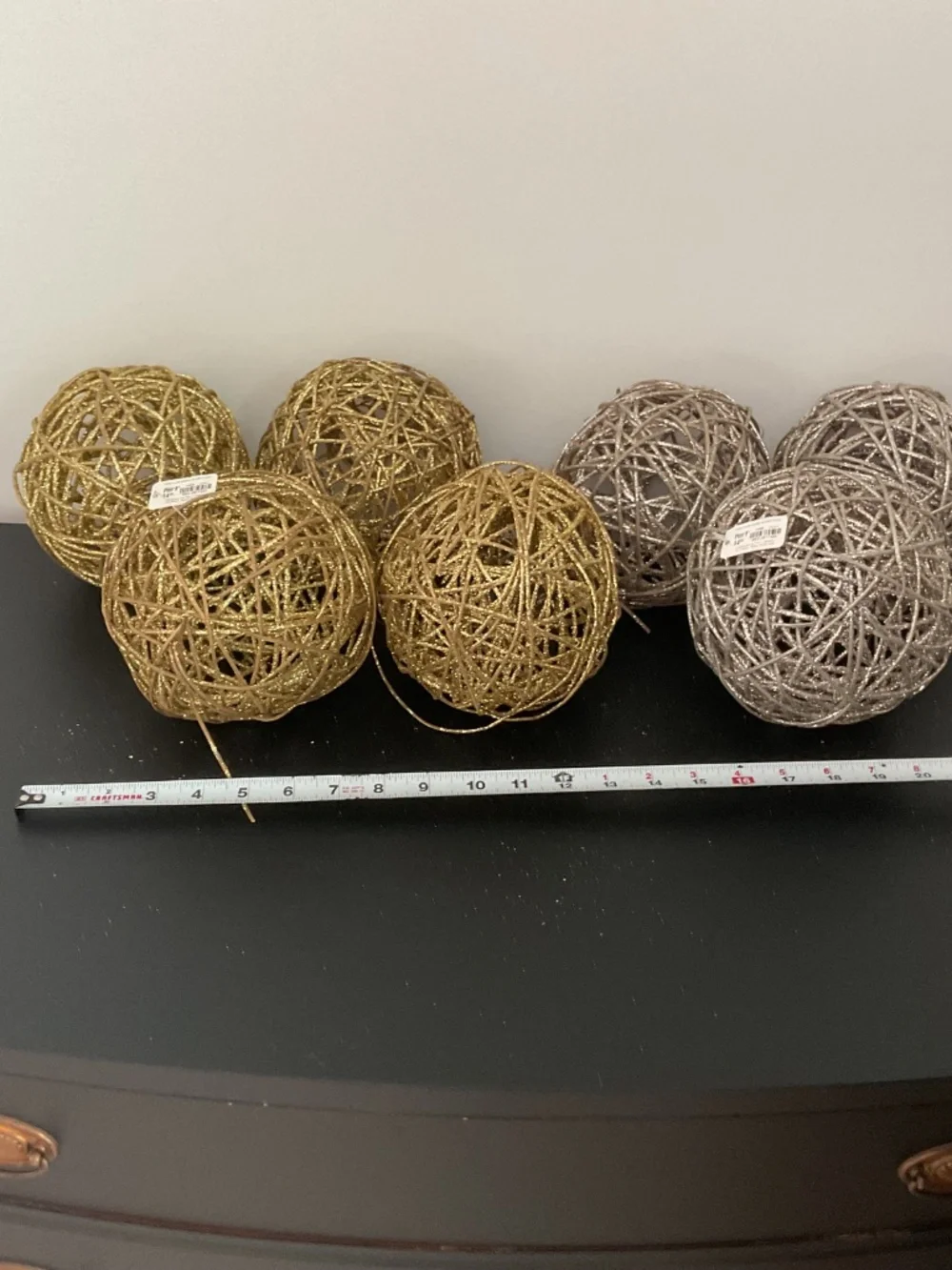 Pier 1 set of 7 Gold & Silver Glitter Round Wood Orbs Balls Holiday Decor